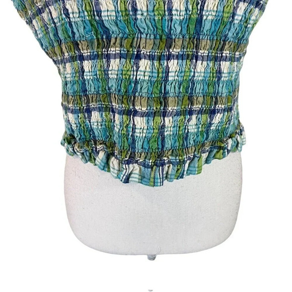 Basic Editions Seersucker Cropped Top XL 90s Plaid Pattern Sleeveless Blue Green - Picture 5 of 8